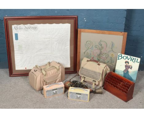 A collection of miscellaneous. Includes framed indenture, oak fire screen/folding table with carved Yorkshire rose, Bovril ad