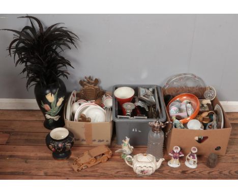 Three boxes of miscellaneous. Includes Monmouth vase, ceramic figures, large decorative vase, ornate gilt wall shelves, etc. 