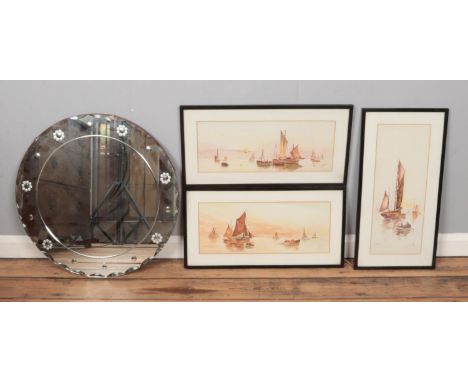 H Myers (unknown); three framed seascape watercolours titled 'Misty Sunrise', 'Misty Evening' and 'Sunset', together with a c