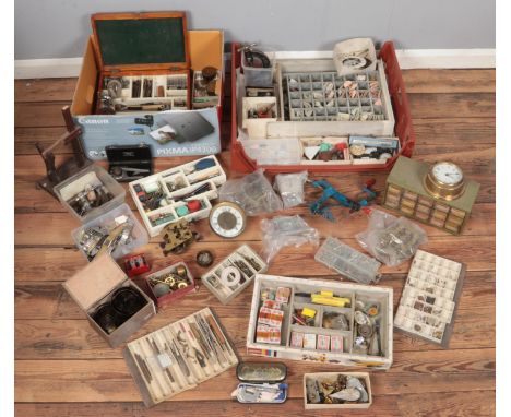 A good quantity of watch/clock makers equipment and tools. Includes cased Moore &amp; Wright Micrometer, clock movements, Tri