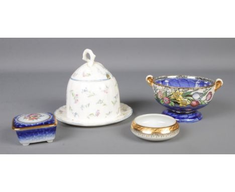 A small collection of ceramic items, to include Dresden pillbox, Maling twin handled bowl and Royal Worcester 'Forget Me Not'