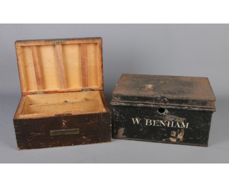A wooden tool box, stamped A.E Green, containing a small quantity of tools along with vintage metal tin marked W. Benham to f