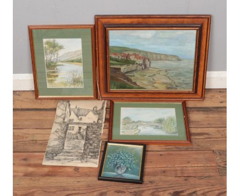 A collection of pictures mainly depicting landscapes to include J. Freeman Arguments Yard Whitby, K. Firth, Paul Fretwell, V.