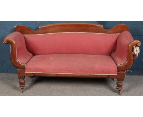 A Victorian mahogany upholstered parlour sofa. (92cm x 185cm x 59cm)  In need of restoration.