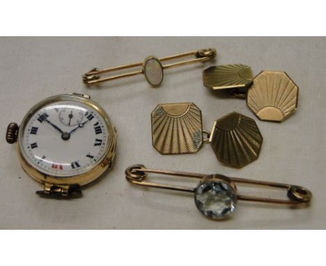 A lady's 9ct gold watch (no strap), pair of 9ct gold cufflinks and 2 unmarked gold stone set stick pins