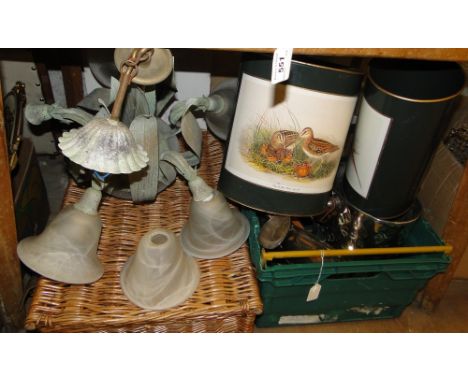 A wicker hamper, a light fitting and a box of stainless steel ice buckets, waste paper bins, etc.