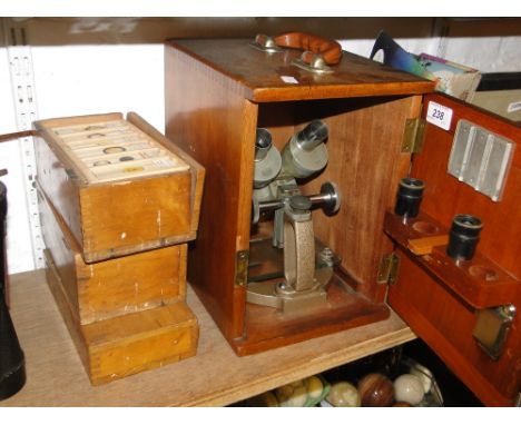 Mahogany cased students microscope & 3 boxes of slides