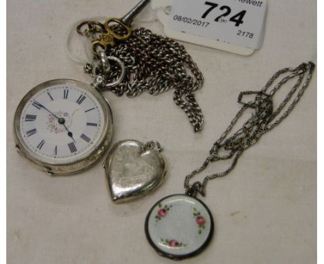 A Continental engraved silver fob watch with plated albert, a silver and enamel pendant and a silver heart shaped locket