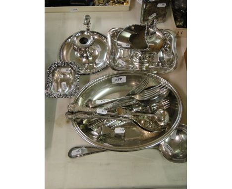 Victorian plated salt with lion mask feet, ladle, chamberstick, cutlery etc