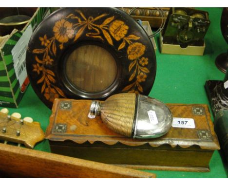 A spirit flask, a glove box& a pokerwork circular photo frame with strut