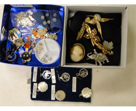 Silver pendants, silver & enamel fobs, earrings & brooches