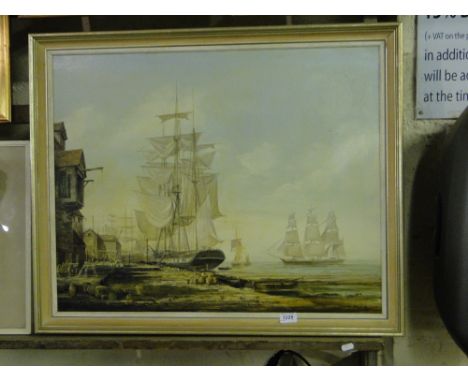 R Hunt, oil on canvas, 3 masted sailing boats at harbour, framed