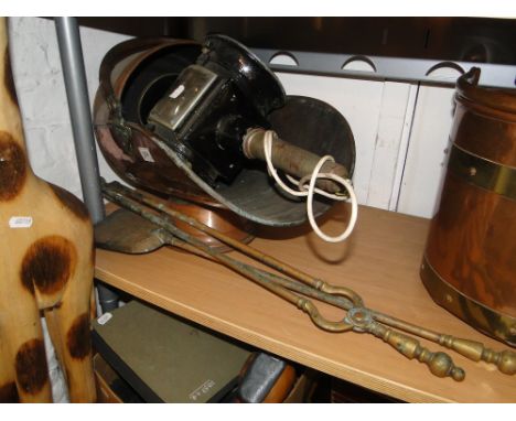 A Copper coal scuttle, a lantern & 2 fire irons
