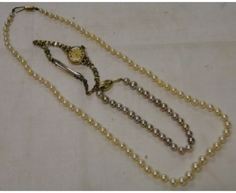 A lady's 9ct gold wristwatch, a pearl bracelet with 9ct gold clasp and pearl necklace with 9ct clasp