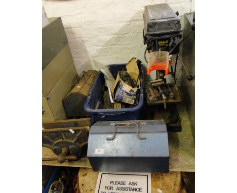 A Powercraft pillar drill, a large Record no. 53a bench vice and 3 boxes of various hand tools.