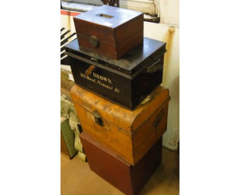 A painted metal trunk and another and 3 other wooden boxes, (5).