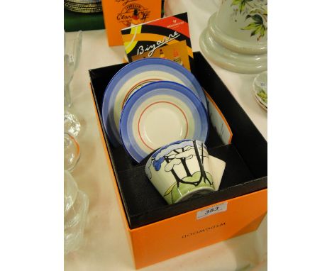 A boxed Wedgwood Clarice Cliff "Bizarre" cup, saucer and plate.