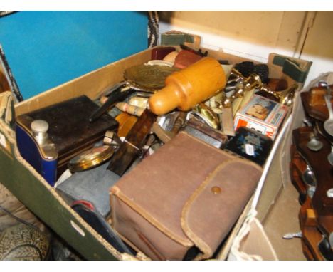 Box with candlesticks, bottle holder, camera etc
