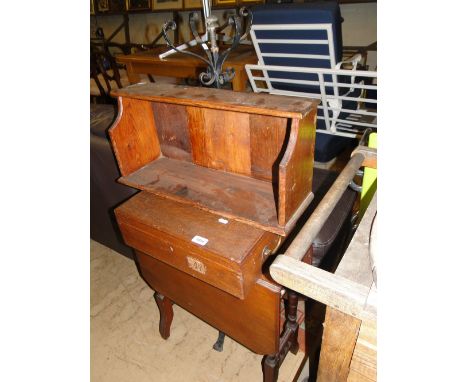 Wrought-iron stand, Sutherland table, oak box and a shelf.