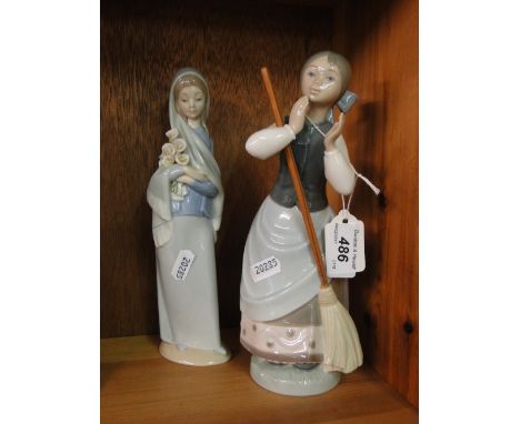 Lladro girl with flowers and a Lladro girl with broom.
