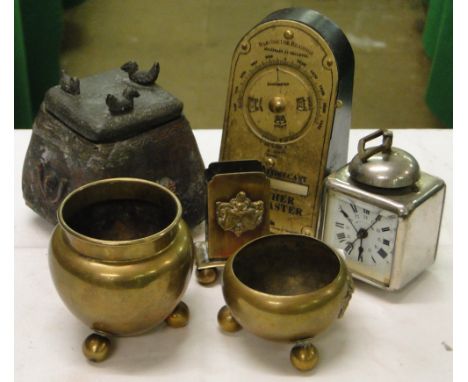 Oriental metal box, a travel clock, brass pots & a small barometer etc