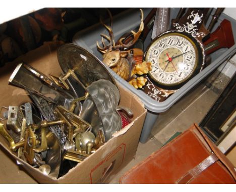 2 Boxes with brass door handles, a clock, barometer, etc.