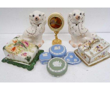 A Leonardo figure, Picnic, on a wooden stand, a Royal Dux elephant, one tusk a/f, a Faberge style egg clock on a gilt metal s