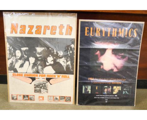 Five pop music promotional posters, Queen, Michael Jackson, Eurythmics, Sex Pistols, Nazereth