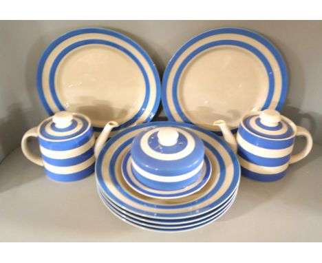 A collection of T.G. Green Cloverleaf blue and white striped pattern kitchen ware, comprising of butter dish, six dinner plat
