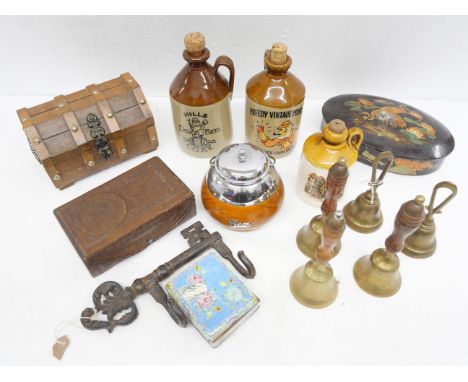 Three cider bottles, three hand bells, a tea caddy and boxes **PLEASE NOTE THIS LOT IS NOT ELIGIBLE FOR IN-HOUSE POSTING AND 