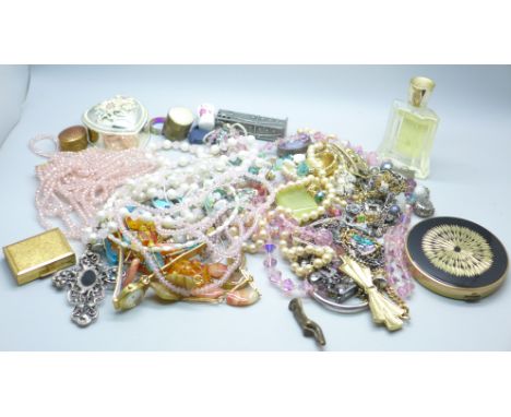 A collection of costume jewellery, a compact, trinket pots including Rennie Mackintosh, etc.