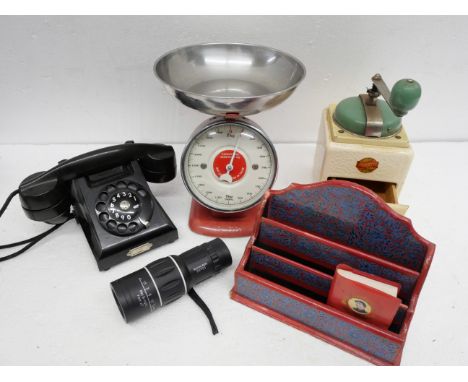 A vintage Ericsson telephone, a coffee grinder, a set of scales, a letter rack, etc. **PLEASE NOTE THIS LOT IS NOT ELIGIBLE F