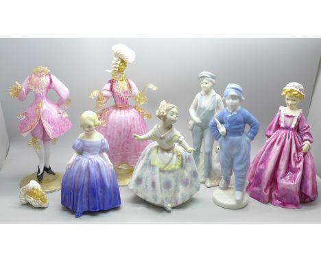 Seven figures; Royal Worcester Grandmothers Dress, Royal Doulton Marie, three ceramic figures including Lladro, a/f, and a pa