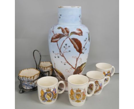 A large opaque glass hand painted vase, Staffordshire bowl, W &amp; R Stoke on Trent poppy Rd No 157102 jug and sugar bowl se