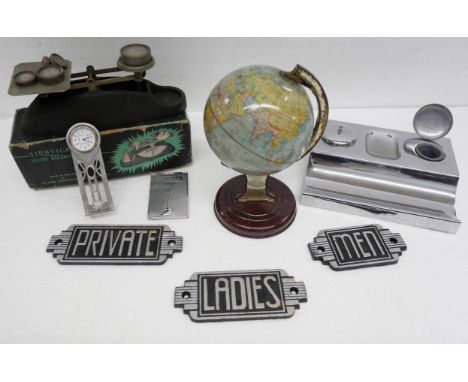 A chrome double inkwell and pen stand, an Airweigh letter balance, boxed, Chad Valley tin plate globe, clock and door signs