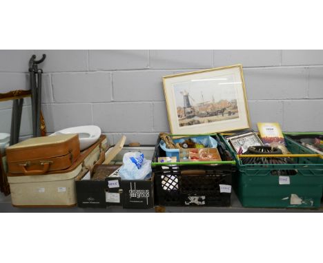 Six boxes of assorted household items, a print, mirror and tripod, cases, boxes, a large Bell's whisky bottle, etc. **PLEASE 