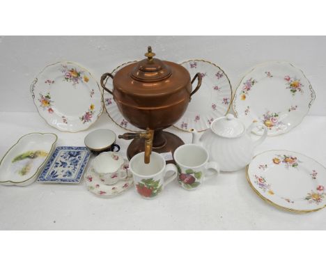 A copper Samovar and two boxes of decorative china, six Royal Crown Derby, Derby Posies plates, a Staffordshire 'A Day's Fish