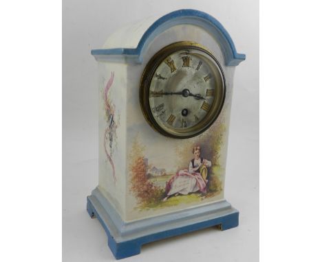 A 20th century French ceramic mantel clock, hand painted with maiden in rural setting, signed 'E. Machaud'. H.25.5cm