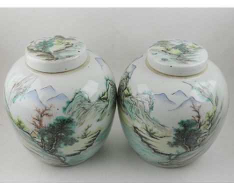 A pair of late 19th / early 20th century Chinese famille verte ovoid porcelain jars and covers, decorated with mountainous la