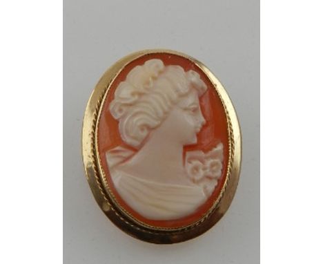 A 10 carat yellow gold cameo pendant/brooch, the cameo depicting  profile portrait of a lady