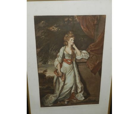 After Sir Joshua Reynolds. A polychromatic coloured engraving, a full length portrait of Lady Louisa Manners, engraved by Val
