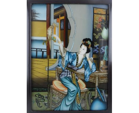 A 20th century Chinese reverse painted glass panel depicting a woman and a parrot. H: 61cm W: 44cm