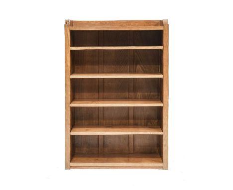 Workshop of Robert Mouseman Thompson (Kilburn): An English Oak 4ft Open Bookcase, solid ends and panelled back, with raised u