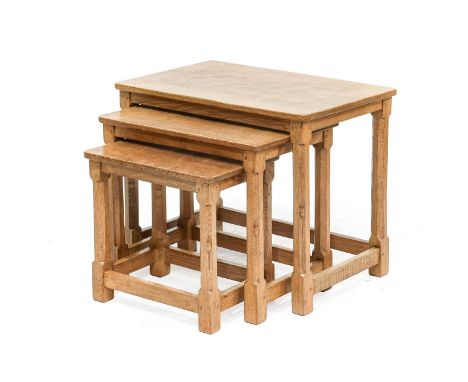 Workshop of Robert Mouseman Thompson (Kilburn): An English Oak Nest of Three Tables, adzed rectangular tops, on four octagona