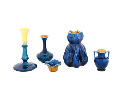 A Linthorpe Pottery Candlestick, shape 1753, blue and yellow glaze, impressed LINTHORPE 1753,16.5cm highA Linthorpe Pottery V