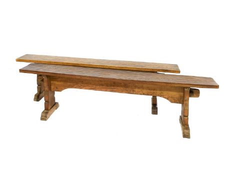 Cat and Mouseman: Lyndon Hammell (1954-2015) (Harmby): A Pair of English Oak Benches, adzed rectangular tops, on two shaped s