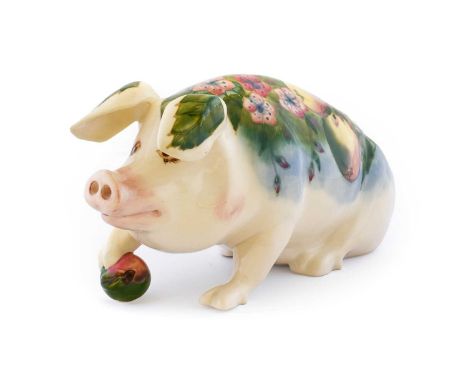 Moorcroft Pottery: Peter the Pig, modelled by Roger Mitchell, decorated with Temptation pattern, introduced in 1990, impresse