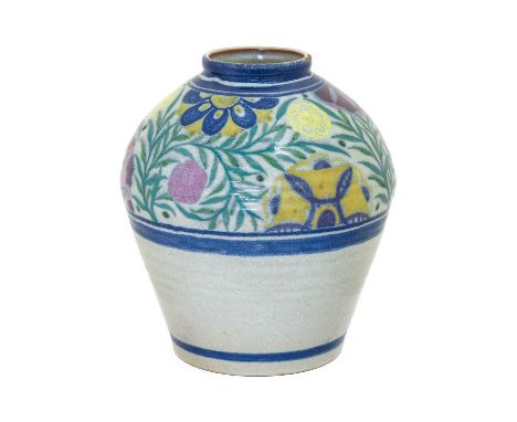 A Carter, Stabler &amp; Adams Poole Pottery 212/NF Pattern Vase, painted with flowers on a grey glaze ground, impressed, inci