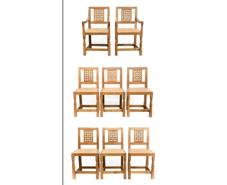 Workshop of Robert Mouseman Thompson (Kilburn): A Set of Eight (6+2) English Oak Lattice Back Dining Chairs, 2006, tan leathe