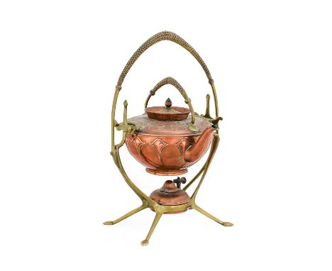 A Jugendstil WMF (Wurttembergische Metallwarenfabrik) Brass and Copper Spirit Kettle on Stand, cast with repeating patterns, 